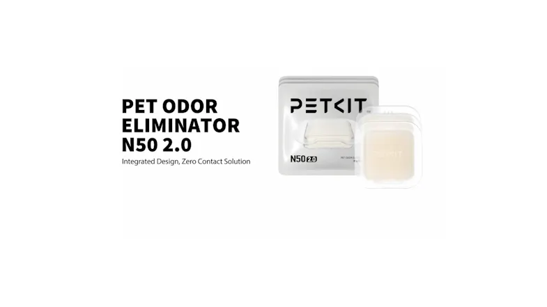 PetKit N50 2.0 pet odour eliminator packet with text highlighting its integrated, zero‑contact design PetKit N50 2.0 pet odour eliminator packet with text highlighting its integrated, zero‑contact design