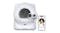 Smart white automatic cat litter box with a camera, shown beside a phone displaying its companion app Smart white automatic cat litter box with a camera, shown beside a phone displaying its companion app