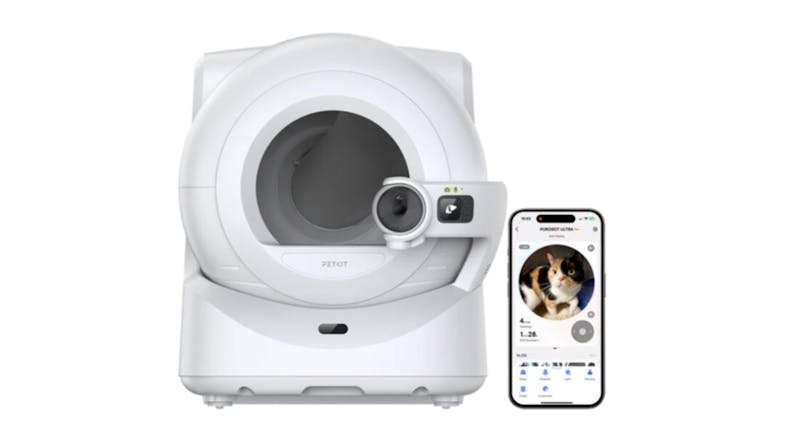 Smart white automatic cat litter box with a camera, shown beside a phone displaying its companion app Smart white automatic cat litter box with a camera, shown beside a phone displaying its companion app