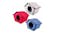 Three house‑shaped dog hutches in different colours, each with black paw prints and a round front opening Three house‑shaped dog hutches in different colours, each with black paw prints and a round front opening