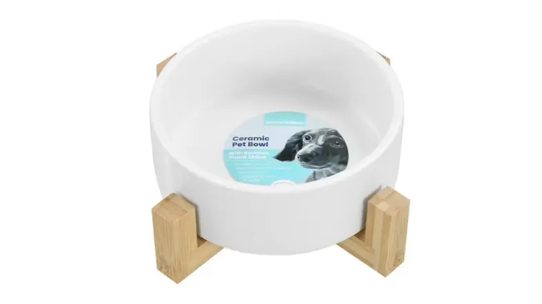 A top-down view of the ceramic pet bowl, marble/wood base in white colour A top-down view of the ceramic pet bowl, marble/wood base in white colour