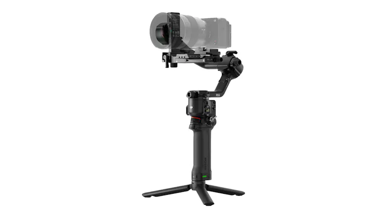 Angled left view of a black gimbal with a mounted camera Angled left view of a black gimbal with a mounted camera