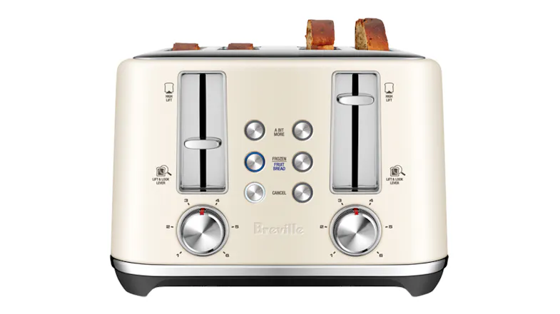 Front view of a 4-slice toaster with dual control dials Front view of a 4-slice toaster with dual control dials