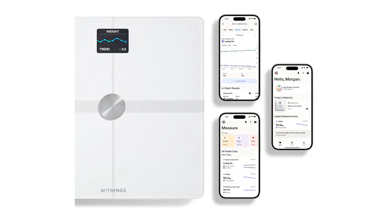 A glass scale is shown with three smartphones displaying various health apps A glass scale is shown with three smartphones displaying various health apps