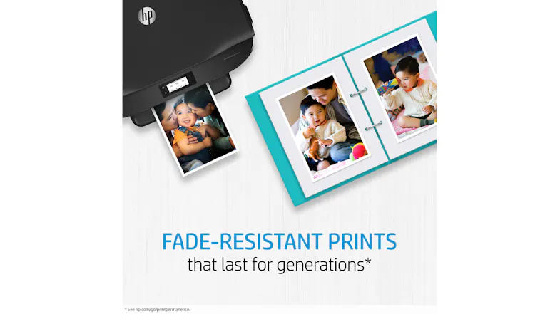 An HP printer produces photo prints, while a photo album displays photographs, illustrating fade‑resistant prints An HP printer produces photo prints, while a photo album displays photographs, illustrating fade‑resistant prints