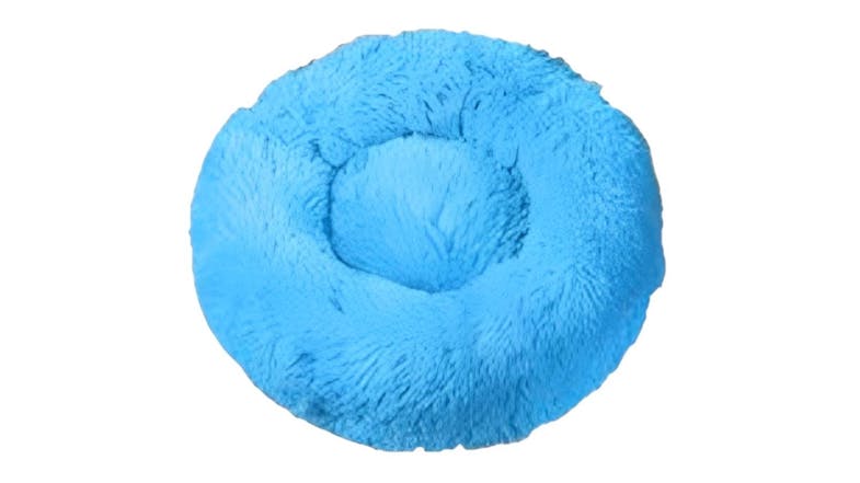 Top‑down view of a blue Hod Snuggly Pooch Dog Bed with a round, bagel‑style shape Top‑down view of a blue Hod Snuggly Pooch Dog Bed with a round, bagel‑style shape
