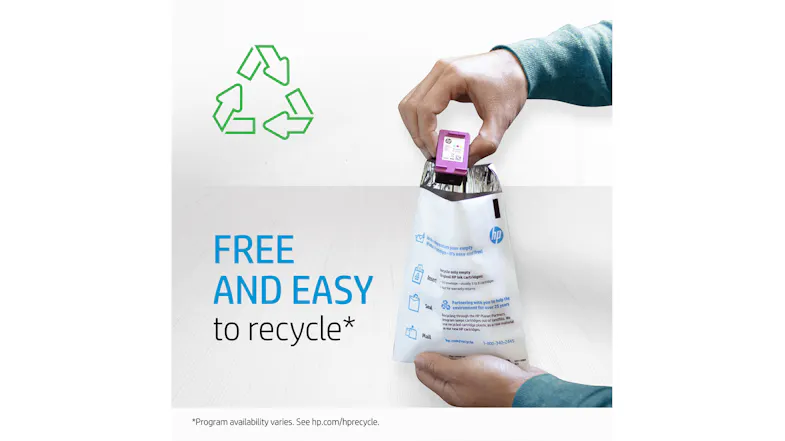 A hand placing a used HP ink cartridge into a prepaid recycling bag, showing simple, free cartridge recycling A hand placing a used HP ink cartridge into a prepaid recycling bag, showing simple, free cartridge recycling
