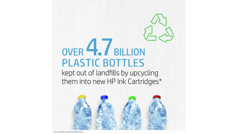 Recycled bottles shown and text explaining how billions of bottles are reused to make HP ink cartridges Recycled bottles shown and text explaining how billions of bottles are reused to make HP ink cartridges