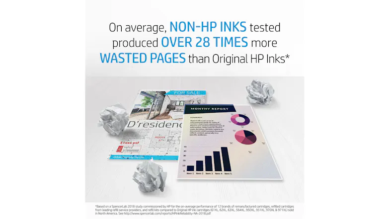 Printed reports lie on a desk, illustrating data that non‑HP inks produce far more wasted pages Printed reports lie on a desk, illustrating data that non‑HP inks produce far more wasted pages