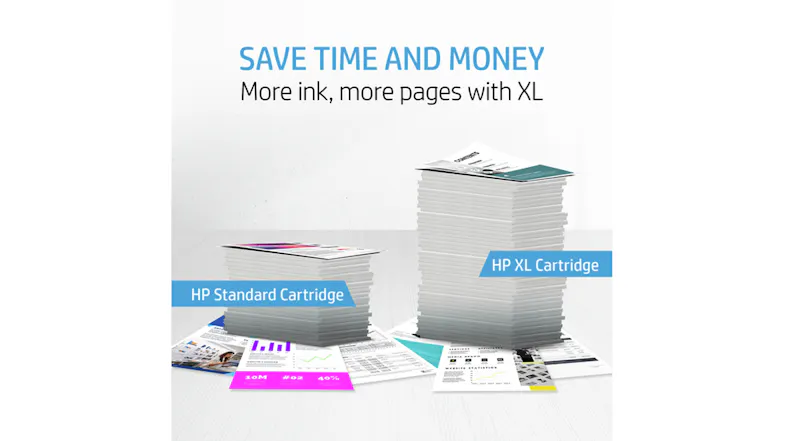Two stacks of printed pages compare HP Standard and HP XL ink cartridges, showing the XL cartridge produces more pages Two stacks of printed pages compare HP Standard and HP XL ink cartridges, showing the XL cartridge produces more pages
