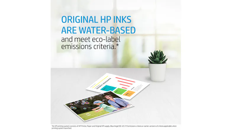 Printed documents and a photo rest on a clean desk beside a small plant, highlighting water‑based HP inks Printed documents and a photo rest on a clean desk beside a small plant, highlighting water‑based HP inks
