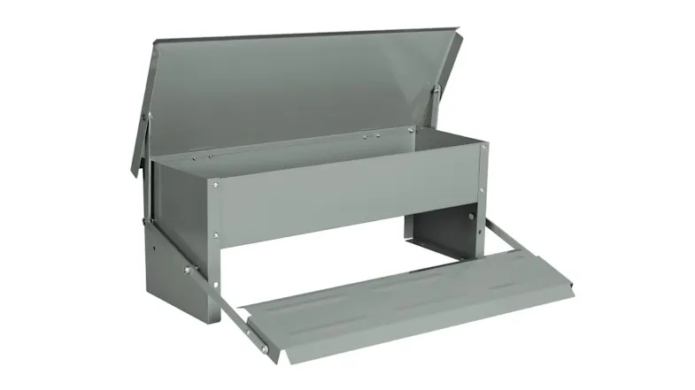 An angled view of a metal chicken feeder with an open lid and step‑activated front panel An angled view of a metal chicken feeder with an open lid and step‑activated front panel