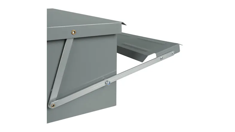 A close‑up of the side hinge and support bar on a galvanised steel chicken feeder, highlighting durable metal components A close‑up of the side hinge and support bar on a galvanised steel chicken feeder, highlighting durable metal components