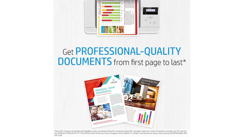 Printer producing polished documents, with finished reports and brochures below Printer producing polished documents, with finished reports and brochures below