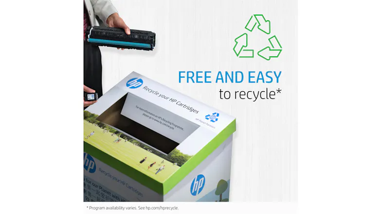 Used HP toner cartridge being placed into an HP recycling collection box, promoting easy cartridge recycling Used HP toner cartridge being placed into an HP recycling collection box, promoting easy cartridge recycling