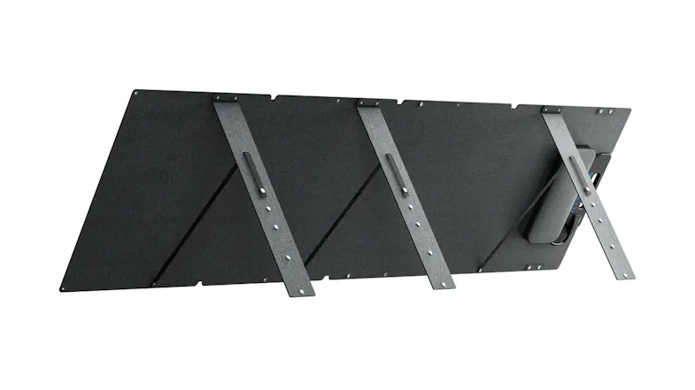 Rear angled view of solar panel showing extended kickstands and fabric backing Rear angled view of solar panel showing extended kickstands and fabric backing