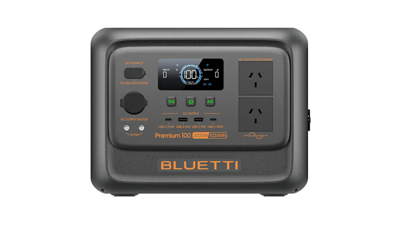 Front view of the Bluetti Premium 100 V2 portable power station, featuring a digital display, AC outlets, USB ports, and control buttons Front view of the Bluetti Premium 100 V2 portable power station, featuring a digital display, AC outlets, USB ports, and control buttons