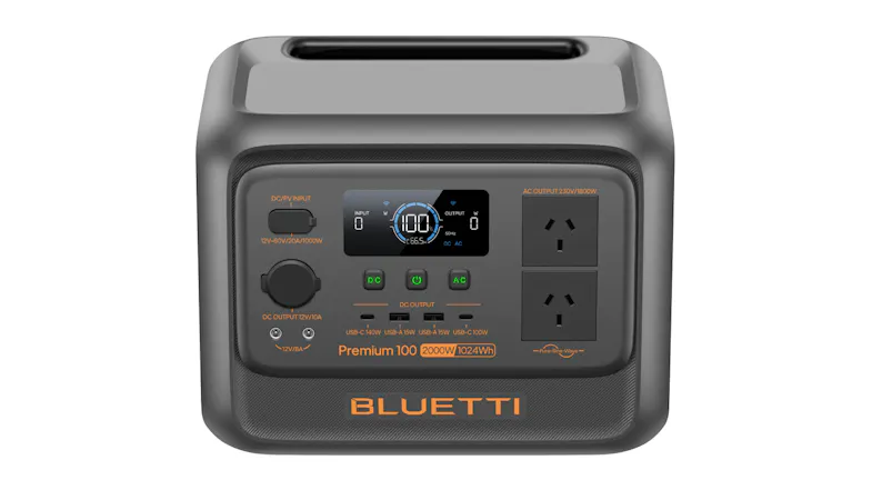 Front view of the power station, highlighting the LCD screen, AC sockets, USB ports, and top carry handle Front view of the power station, highlighting the LCD screen, AC sockets, USB ports, and top carry handle
