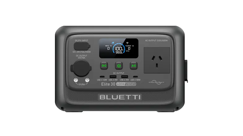 Front view of the Bluetti Elite 30 portable power station, featuring the LCD, power buttons, DC ports, and AC outlet Front view of the Bluetti Elite 30 portable power station, featuring the LCD, power buttons, DC ports, and AC outlet