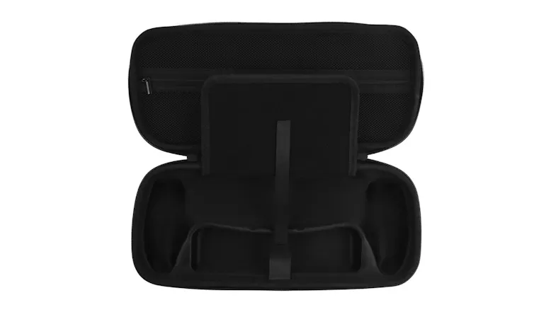Open black carrying case with moulded interior compartments and a mesh pocket inside the lid Open black carrying case with moulded interior compartments and a mesh pocket inside the lid