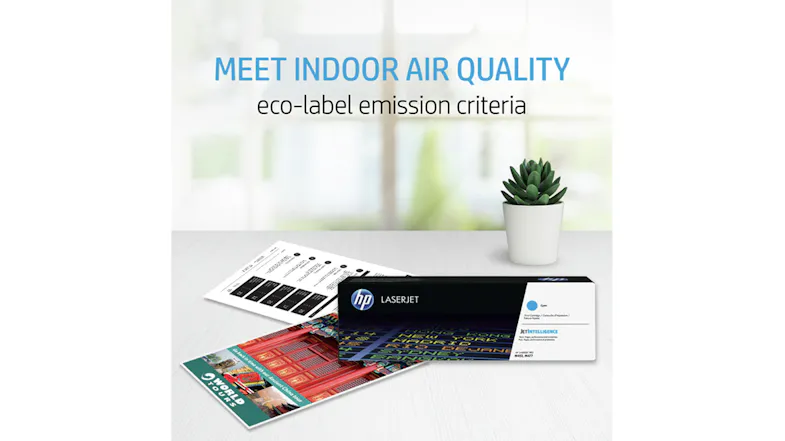 HP LaserJet toner cartridge displayed on a desk, highlighting eco‑label emission criteria HP LaserJet toner cartridge displayed on a desk, highlighting eco‑label emission criteria