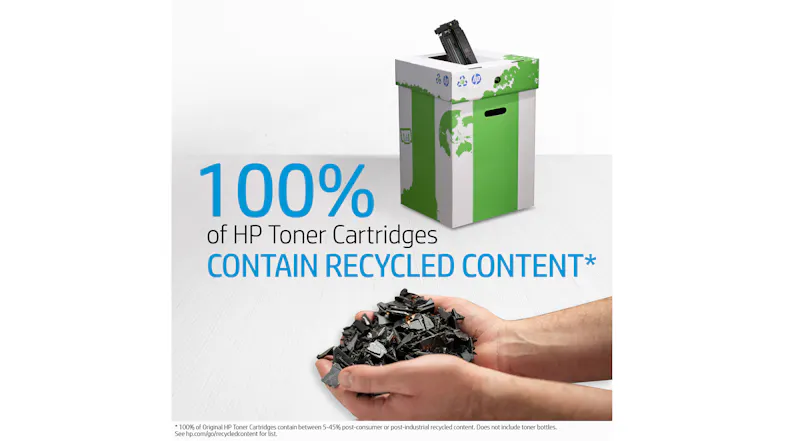 Green HP recycling box, emphasising that HP toner cartridges contain recycled content Green HP recycling box, emphasising that HP toner cartridges contain recycled content
