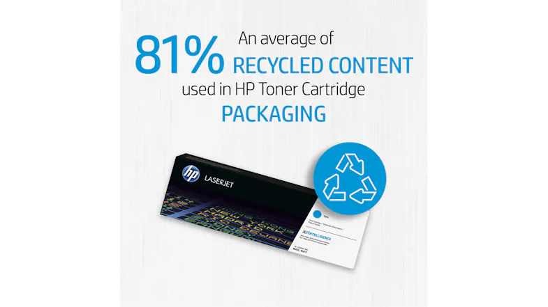 HP LaserJet toner packaging beside a recycling symbol, indicating a high percentage of recycled materials HP LaserJet toner packaging beside a recycling symbol, indicating a high percentage of recycled materials