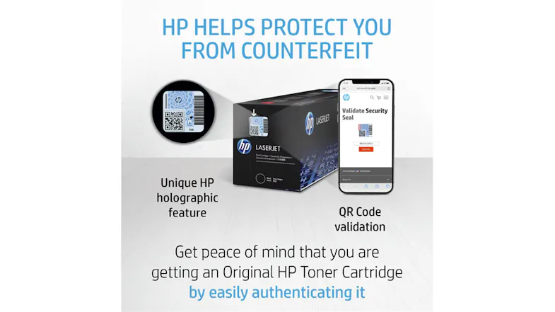 HP LaserJet toner box shown with a holographic security label to validate cartridge authenticity HP LaserJet toner box shown with a holographic security label to validate cartridge authenticity