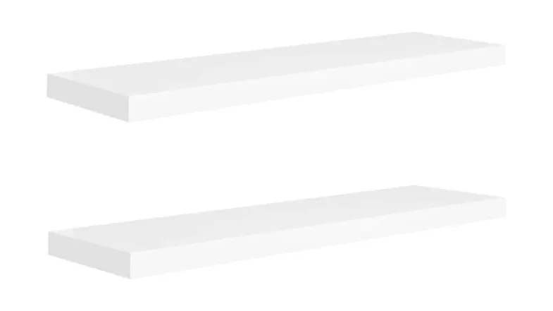 Two white floating wall shelves displayed, shown from an angled view Two white floating wall shelves displayed, shown from an angled view