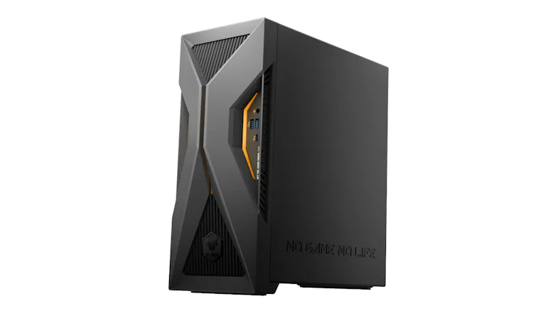 Angled front view of the gaming desktop with amber LED accents Angled front view of the gaming desktop with amber LED accents