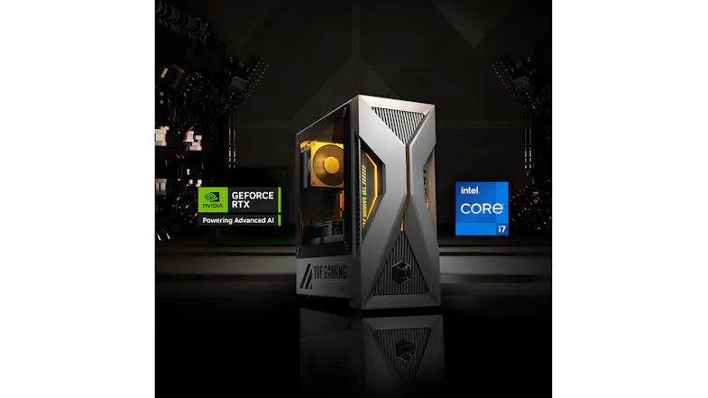 Desktop PC in a dark industrial room with Intel and NVIDIA logos Desktop PC in a dark industrial room with Intel and NVIDIA logos