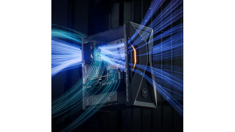 Side view of the PC case showing internal blue and teal airflow paths Side view of the PC case showing internal blue and teal airflow paths