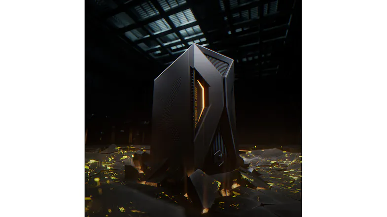 Low-angle shot of the gaming desktop on a fractured digital floor Low-angle shot of the gaming desktop on a fractured digital floor