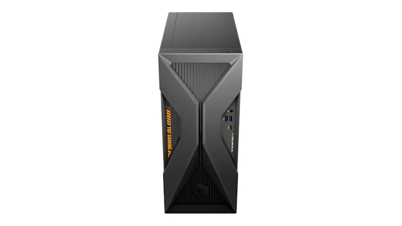 High-angle front view of the gaming desktop showing the top power button and front panel High-angle front view of the gaming desktop showing the top power button and front panel