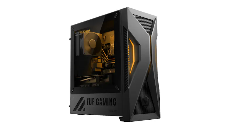 Three-quarter view of the gaming desktop with a glass side panel Three-quarter view of the gaming desktop with a glass side panel