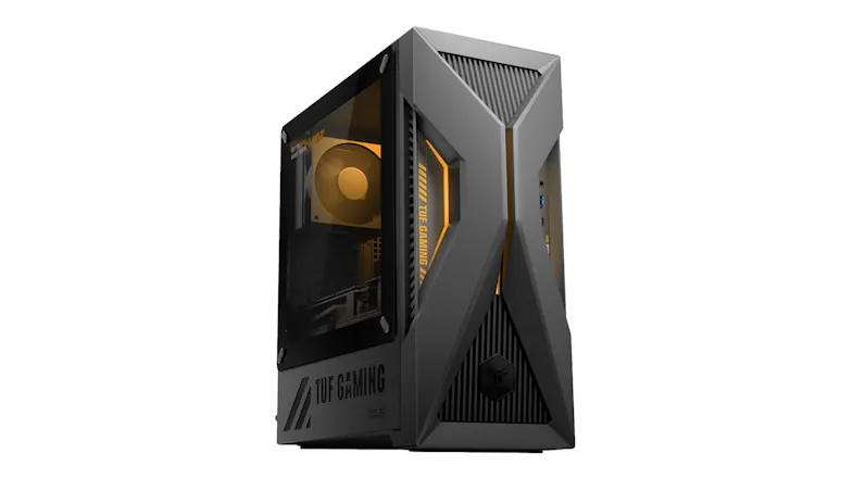Angled view of the gaming desktop with visible internal hardware Angled view of the gaming desktop with visible internal hardware