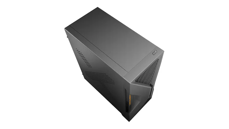Bird's-eye view of the gaming desktop with a smooth top and textured front Bird's-eye view of the gaming desktop with a smooth top and textured front