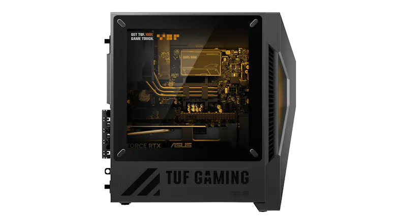 Side view of the gaming desktop showing logo and internal components Side view of the gaming desktop showing logo and internal components