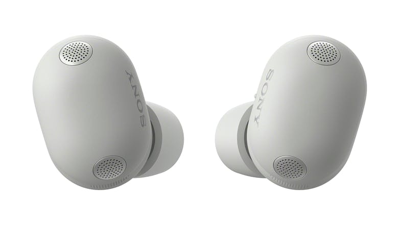 Front view of Sony WF1000XM6 earbuds, showing its compact design and modern platinum silver style Front view of Sony WF1000XM6 earbuds, showing its compact design and modern platinum silver style