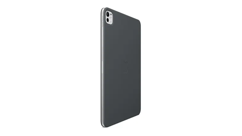 Rear view of the black Smart Folio on iPad Pro, showing the camera cutout and Apple logo Rear view of the black Smart Folio on iPad Pro, showing the camera cutout and Apple logo