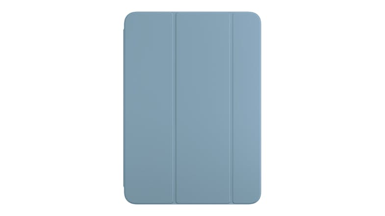 A Denim blue Apple Smart Folio with its three-panel folding cover fully closed A Denim blue Apple Smart Folio with its three-panel folding cover fully closed
