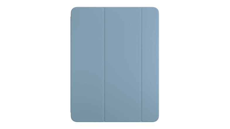 A Denim blue Apple Smart Folio with its three-panel folding cover fully closed A Denim blue Apple Smart Folio with its three-panel folding cover fully closed