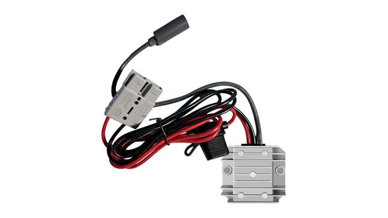 A compact aluminium DC converter with attached red and black wiring harness, fuse holder, and ring terminals A compact aluminium DC converter with attached red and black wiring harness, fuse holder, and ring terminals