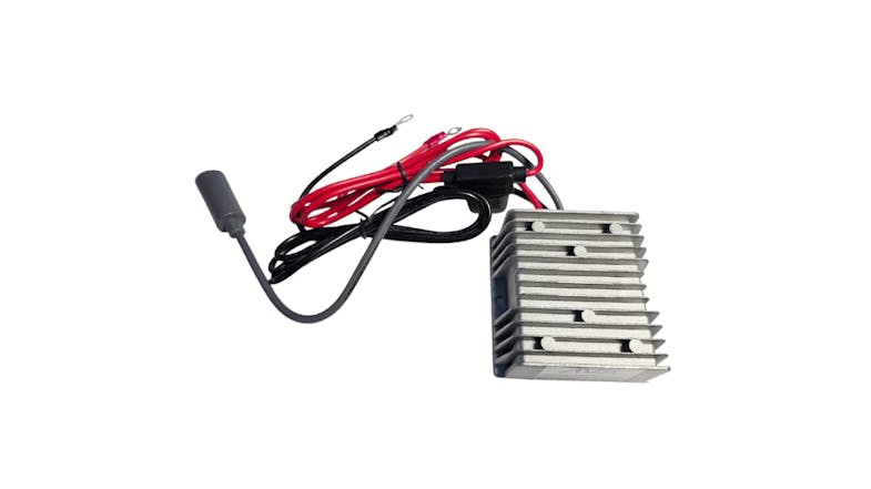 An Air Vision Systems Starlink Gen3 Step-Up DC‑to‑DC converter with ribbed metal housing and attached red, black, and grey power cables An Air Vision Systems Starlink Gen3 Step-Up DC‑to‑DC converter with ribbed metal housing and attached red, black, and grey power cables