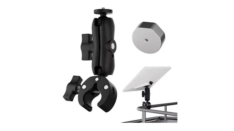 A clamp mount kit with adjustable arm, clamp bracket, and adapter, shown with an example of the mount installed on a railing A clamp mount kit with adjustable arm, clamp bracket, and adapter, shown with an example of the mount installed on a railing