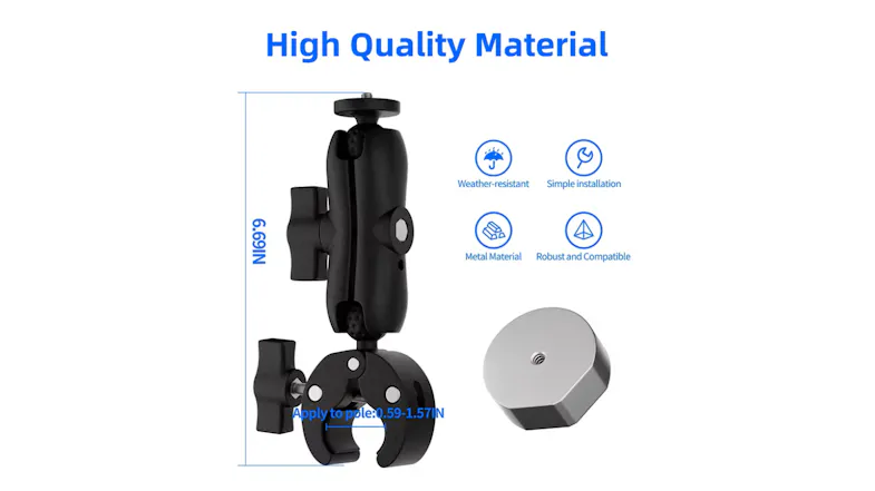 Clamp mount with adjustable arm displayed beside icons for weather resistance, easy installation, metal build, and wide compatibility Clamp mount with adjustable arm displayed beside icons for weather resistance, easy installation, metal build, and wide compatibility