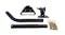 Disassembled pole mount kit laid out with metal brackets, two pole sections, mounting base, and hardware pack with screws and anchors Disassembled pole mount kit laid out with metal brackets, two pole sections, mounting base, and hardware pack with screws and anchors