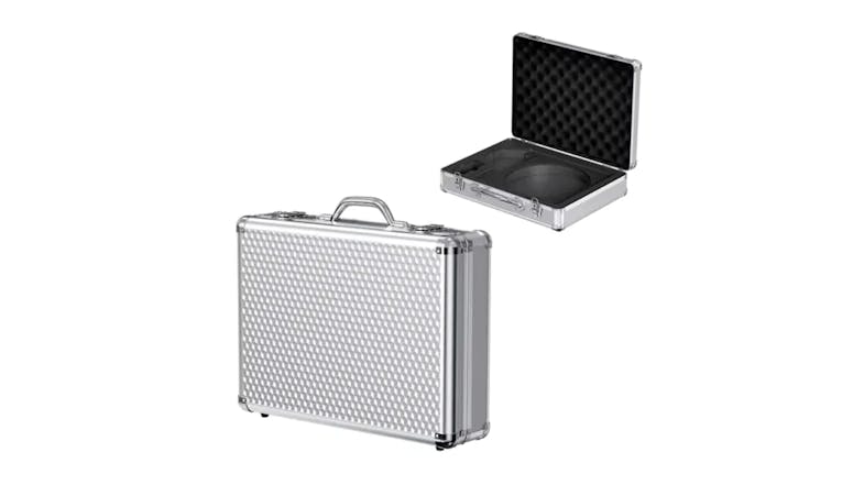 Silver textured hard carry case with handle, shown closed and opened to reveal a foam-lined interior for equipment storage Silver textured hard carry case with handle, shown closed and opened to reveal a foam-lined interior for equipment storage