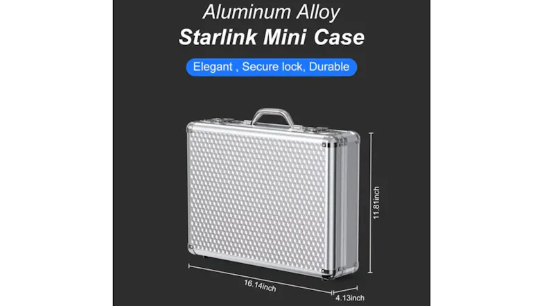 Aluminium alloy Starlink Mini case with textured exterior, secure locks, and size measurements shown Aluminium alloy Starlink Mini case with textured exterior, secure locks, and size measurements shown