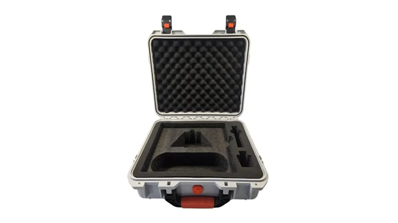 An open grey protective carry case featuring foam padding and custom-cut interior compartments An open grey protective carry case featuring foam padding and custom-cut interior compartments